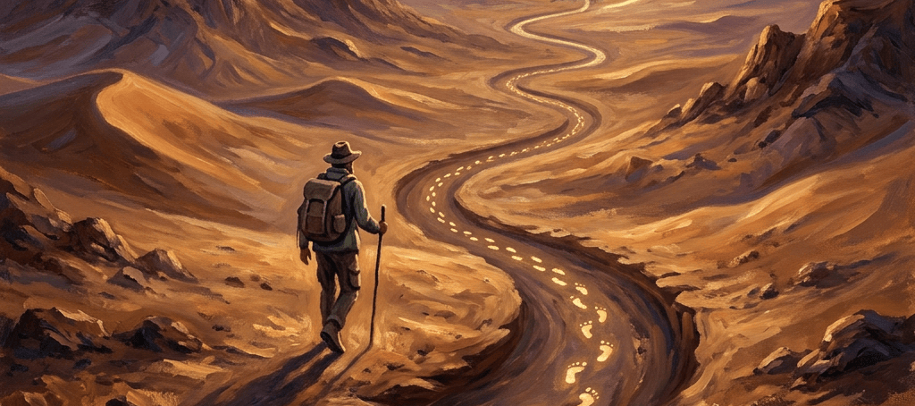 Hiker following glowing footprints along a winding mountain road at sunset